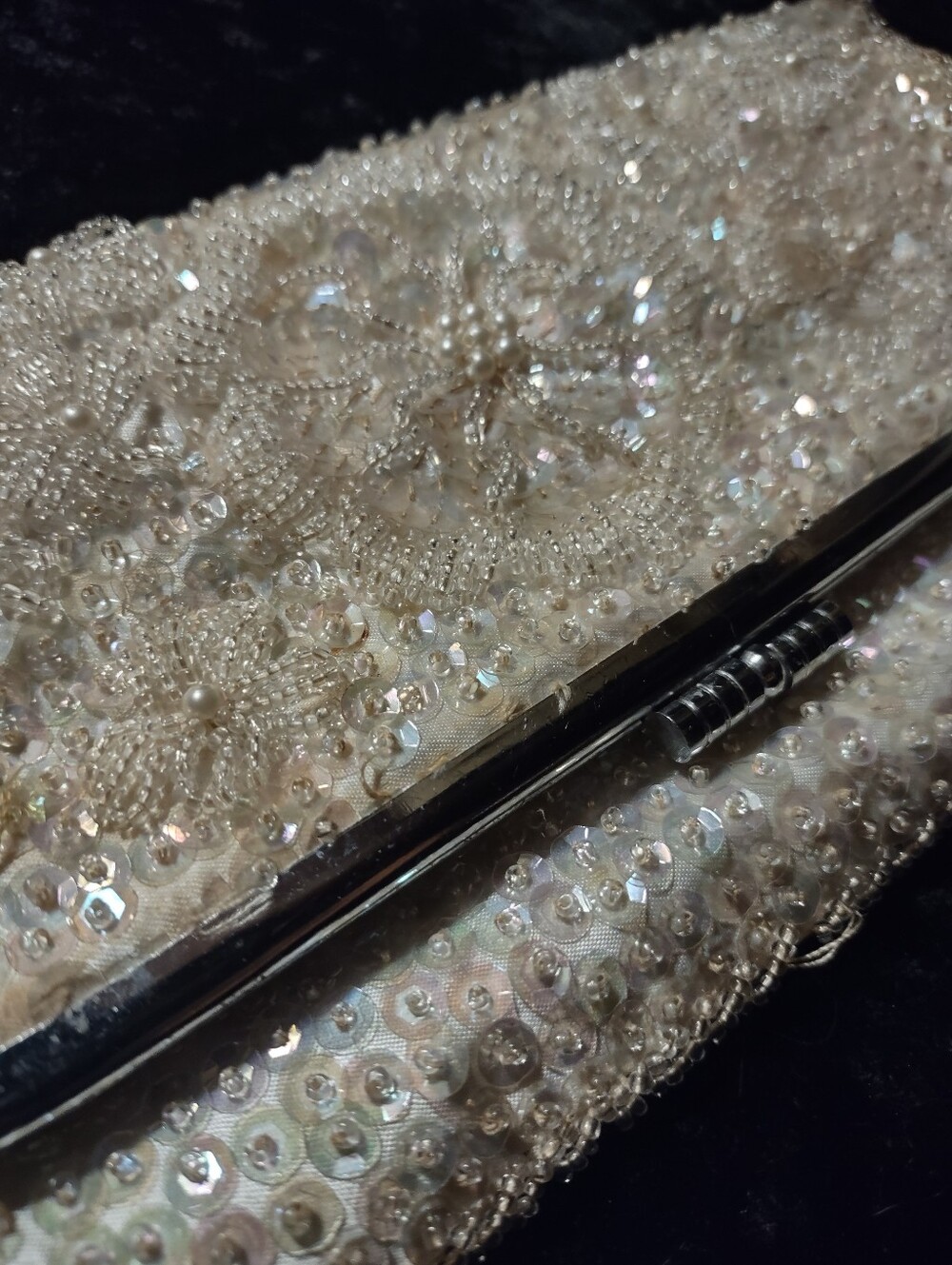 Vintage Sequin Beaded White Satin Clutch Evening Purse Hong Kong